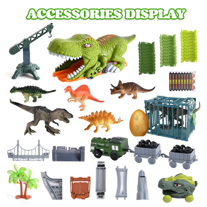 Dinosaur Toys Race Car Track,144 PCS Flexible Train Tracks with 5 Dinosaurs Figures,Electric Race Cars Vehicle Playset Dinosaur Toy Train Set Tracks (Classic Edition)