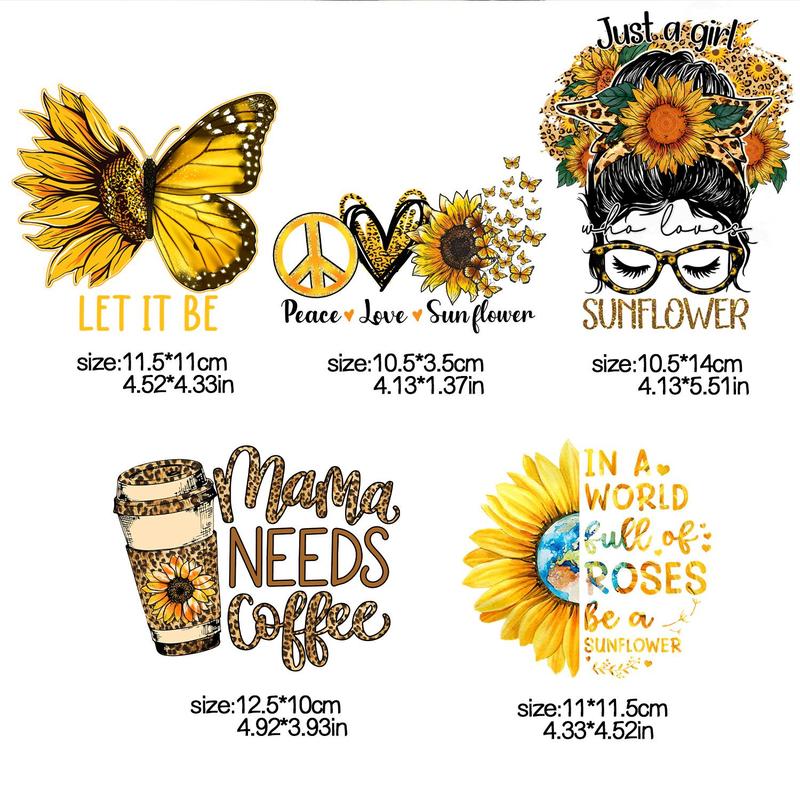 5pcs Sunflower Pattern DIY Iron-on Patch, Heat Transfer Sticker, Retro Iron on Stickers for DIY T-Shirts Tees, Sweatshirts, Bags & Jackets