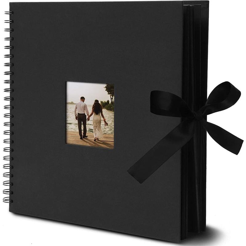 Black 12x12 Scrapbook Album with Window, Silk Ribbon for Weddings, 80 Pages