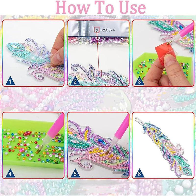 Feather Shape Bookmark, 6 Counts set DIY Diamond Arts Colorful Painting Kit, DIY Crafting Kit, Homemade Bookmark Kit for Craft Lovers