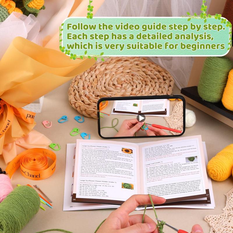 Sunflower Crochet Kit, Sunflower Crochet Starter Kit, Crochet Flower Bouquet Set, DIY Crochet Flower Bouquet Kit with Step-by-Step Video Tutorials, Knitting & Crochet Supplies