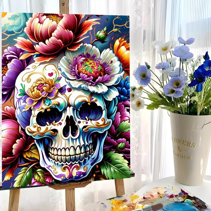 Skull & Flower Pattern DIY Painting By Numbers Kit, 1 Set DIY Paint By Numbers Kit, Wall Art Decoration for Home Living Room Bedroom