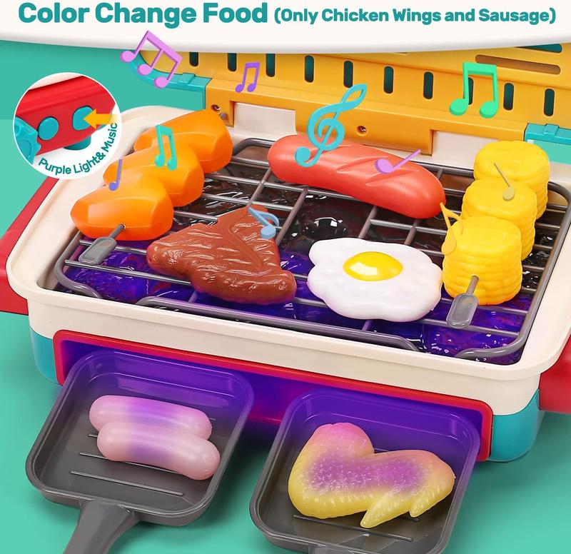 Barbecue Kitchen Cooking Playset with Realistic Spray,Light&Sound,Color Changing Play Food&Dishes Toy,Fun BBQ Kit Gourmet Cooking, BBQ Grill Toy Set Color Changing Pretend Play,Child's Cooking Set Toy,Kitchen Accessories Safe Cooking toy Set