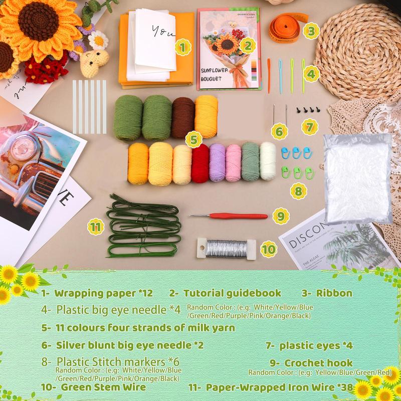 Sunflower Crochet Kit, Sunflower Crochet Starter Kit, Crochet Flower Bouquet Set, DIY Crochet Flower Bouquet Kit with Step-by-Step Video Tutorials, Knitting & Crochet Supplies