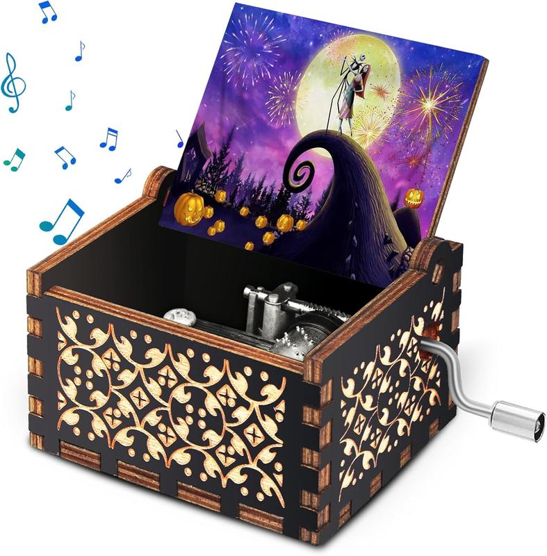 Wooden Music Box Engraved with The Nightmare Before Christmas, Hand-cranked Mini Musical Box Plays The Melody - This is Halloween, Christmas Decor Vintage Music Gifts for Halloween (Purple)