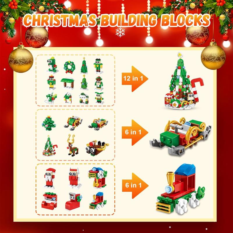 Christmas Advent Calendar 2024 Building Blocks for Kids & Adults- 24 Pack Assembly Puzzles 24 Days Countdown Advent Calendar with Christmas Tree, Reindeer Sleigh & Train, Christmas Holiday Gifts for Kids