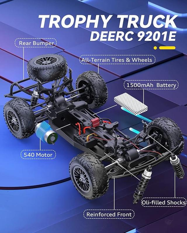 DEERC 9201E 1:10 Large Remote Control Truck with Lights, Fast Short Course RC Car, 48 km h 4x4 Off-Road Hobby Grade Toy Monster Crawler Electric Vehicle with 2 Rechargeable Batteries drift rc