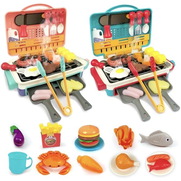 Barbecue Kitchen Cooking Playset with Realistic Spray,Light&Sound,Color Changing Play Food&Dishes Toy,Fun BBQ Kit Gourmet Cooking, BBQ Grill Toy Set Color Changing Pretend Play,Child's Cooking Set Toy,Kitchen Accessories Safe Cooking toy Set