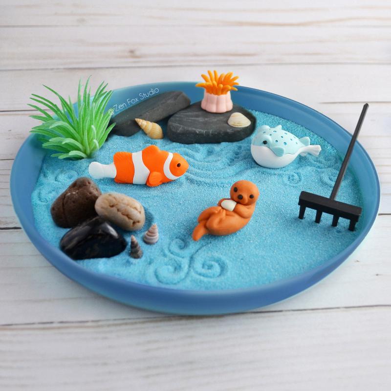 Mini Ocean Zen Garden Beach Sand Blue Desk Accessory DIY Kit Holiday Christmas Gifts for Him Her Sea Otter Office Decor Fidget Toy Therapy mini zen garden, beach decor, unique zen gardens, sand garden, ocean zen garden, New Job Gift, Home Office Decor