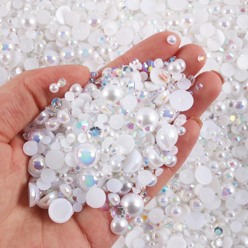 Mixed Size Flat Back Pearls & Rhinestones (1200pcs), Resin Rhinestones, Semi-circular Flat Back Pearl Rhinestones, DIY Materials For Nails, Face, Art, Crafts, Jewelry Decoration