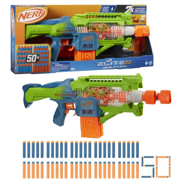 Nerf Elite 2.0 Double Punch Motorized Electronic Blaster, 50 Elite Darts, 2x 10-Dart Clips, Christmas Gifts for Kids