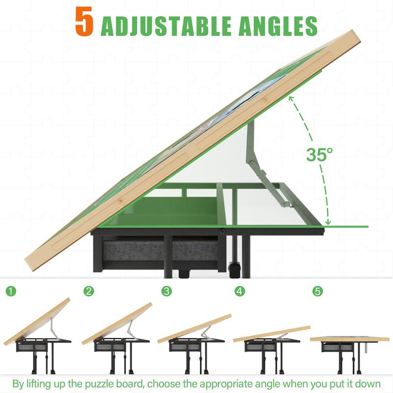 1500 Piece Adjustable Height & 5-Tilting-Angle Angle Puzzle Table with 6 Drawers, Cover, 35