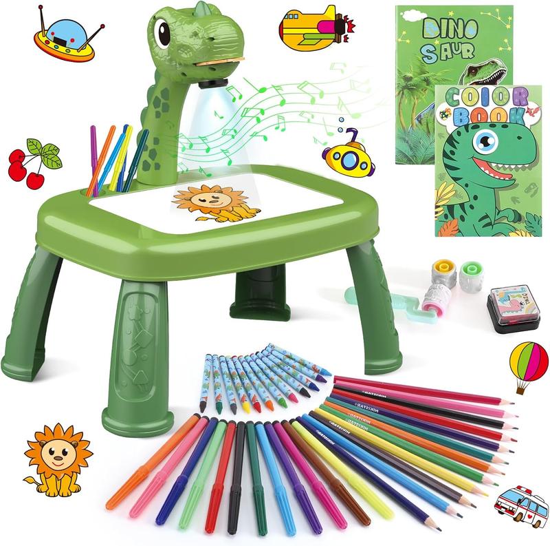 Dinasour Drawing Projector, Arts and Crafts for Boys, Contains Drawing Board with Music, Watercolor Pens, Pencils, Crayons, Scrapbook, Sticker Book, Unicorn Stickers, Stamps, Toys for Boys Age 3+