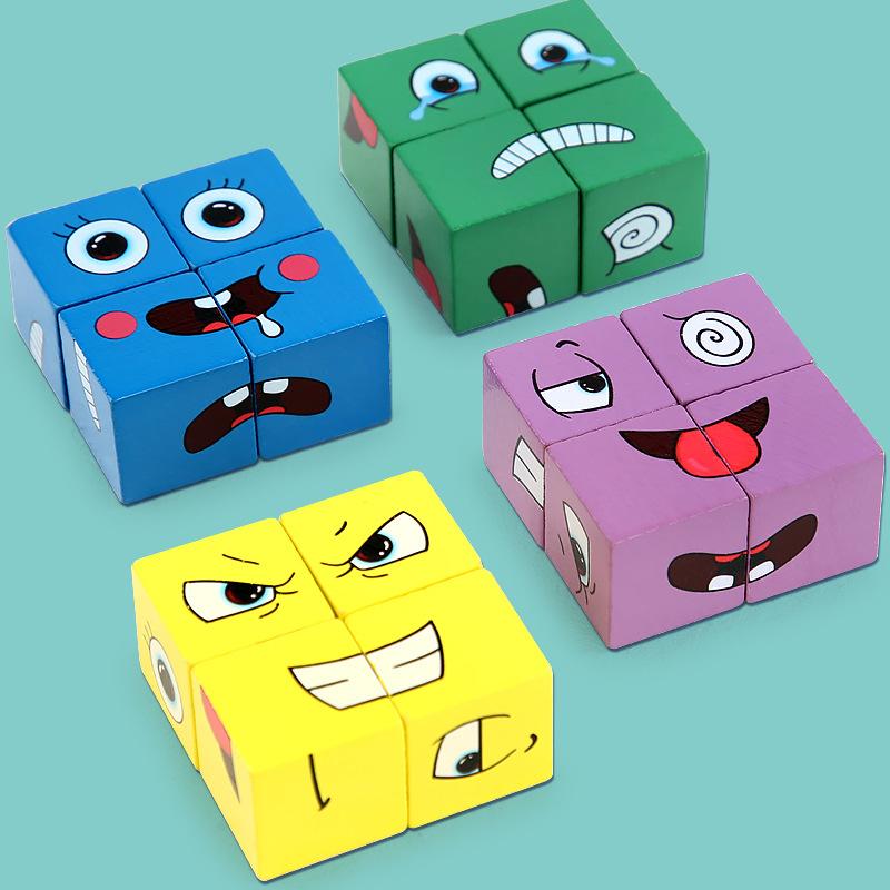 Face-Change Magic Cube，Wooden Expressions Matching Block Board Game，Face Change Building Blocks.Educational Puzzles Toy Board Games for Kids and Adults with Bell