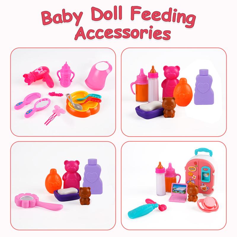 BABESIDE 40Pcs Baby Doll Accessories Set, Baby Doll Feeding and Care Set, Doll Playset with Package for Newborn Girl Including Dinner Plates, Cutlery, Dressing Utensils