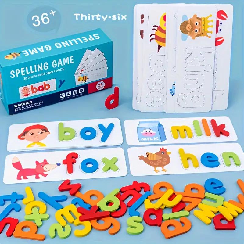 Wooden Alphabet Flash Cards, 1 Set Matching Shape Letters Word Puzzle Games, Creative Spelling Game Learning Toys