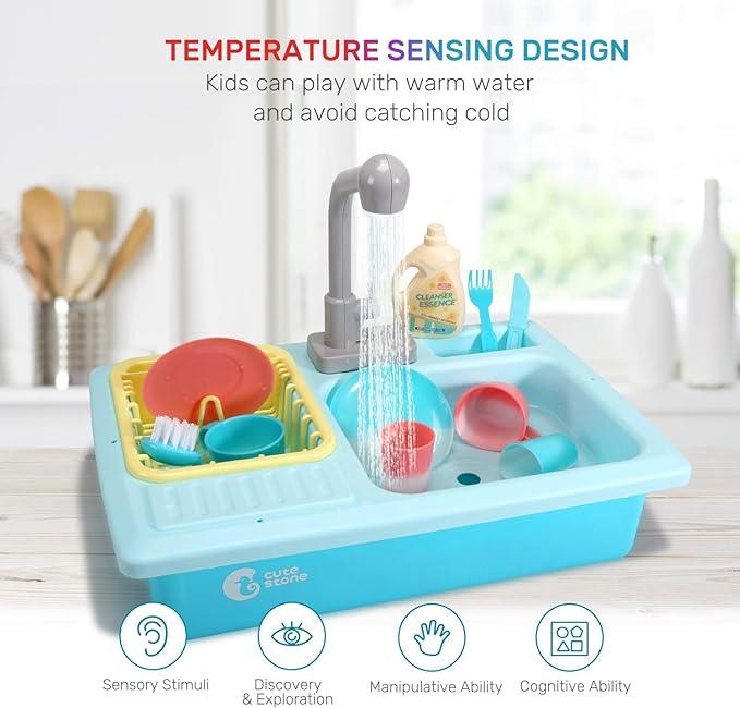 CUTE STONE Color Changing Kitchen Sink Toys, Heat Sensitive Electric Dishwasher Playing Toy with Running Water, Automatic Water Cycle System Play House Pretend Role Play Toys