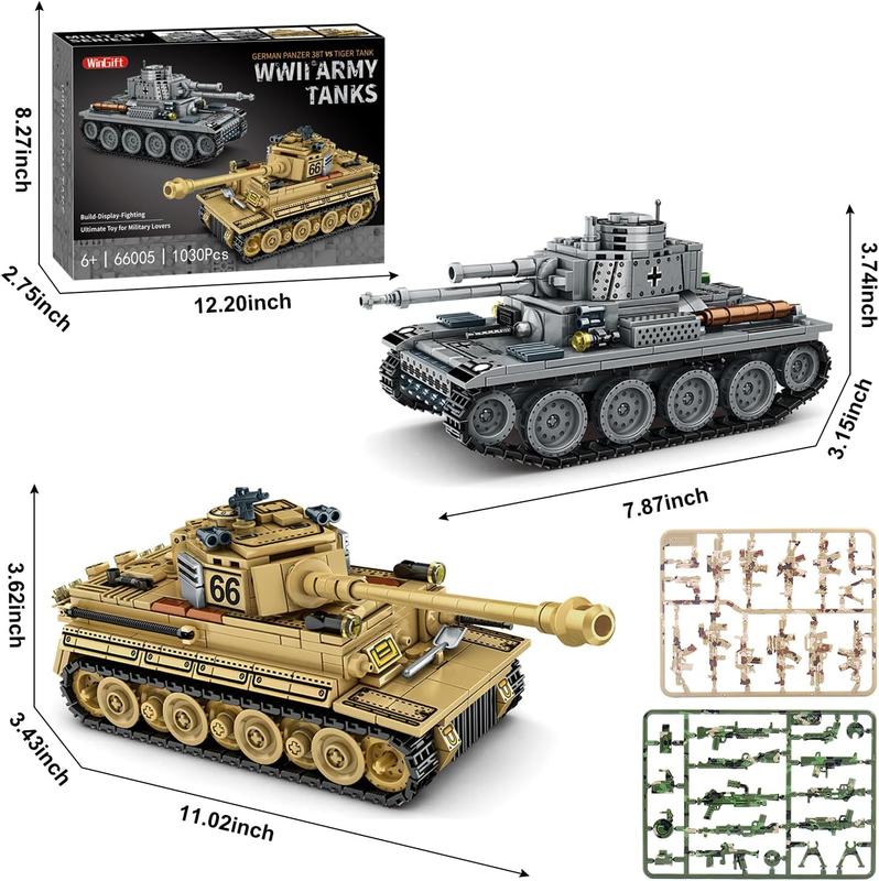 1030 Piece WW2 Army Tanks Toy Building Sets,Create a German Panzer 38T and a German Tiger Tank Toys,Adult Collectible Model Tanks Sets to Build,Great Military Gift for Boy,Kid,and Teens Age 6+