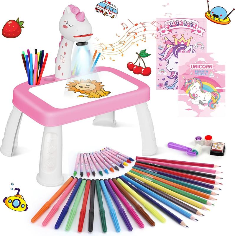 Dinasour Drawing Projector, Arts and Crafts for Boys, Contains Drawing Board with Music, Watercolor Pens, Pencils, Crayons, Scrapbook, Sticker Book, Unicorn Stickers, Stamps, Toys for Boys Age 3+