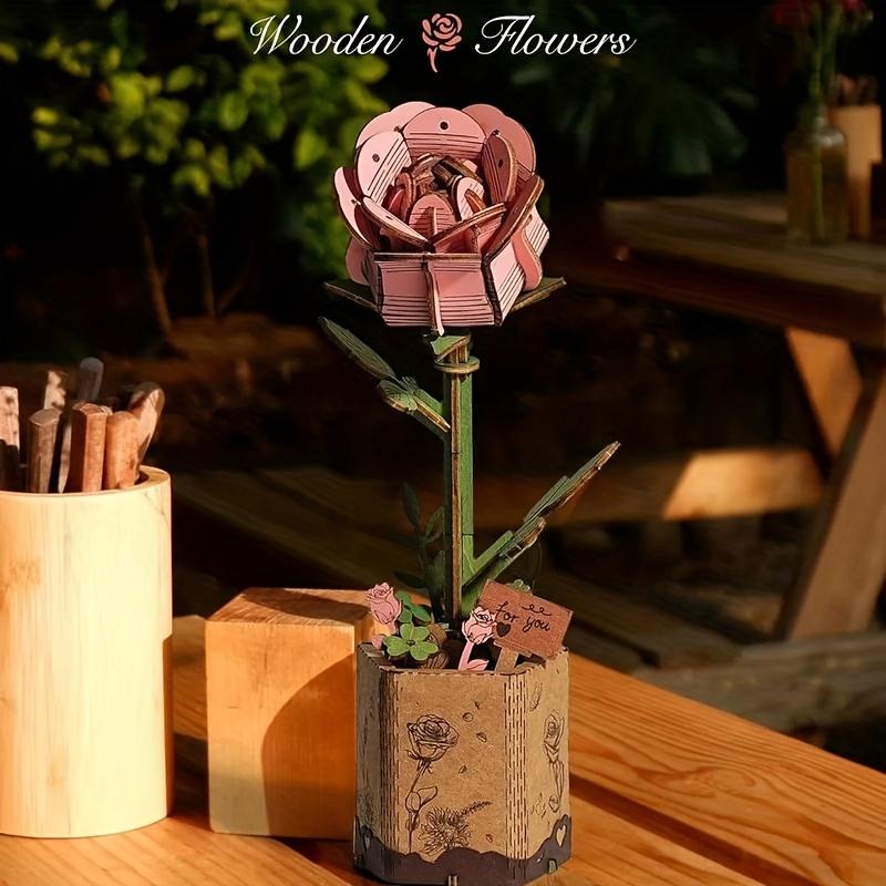 3D Flower Wooden Puzzles for Adults-Pink Rose, DIY Wooden Flowers Model Kit Building Set Crafts for Adults to Build, Botanical Collection Ideal Creative Gift Ideas (104PCS) TW-041 Pink Rose