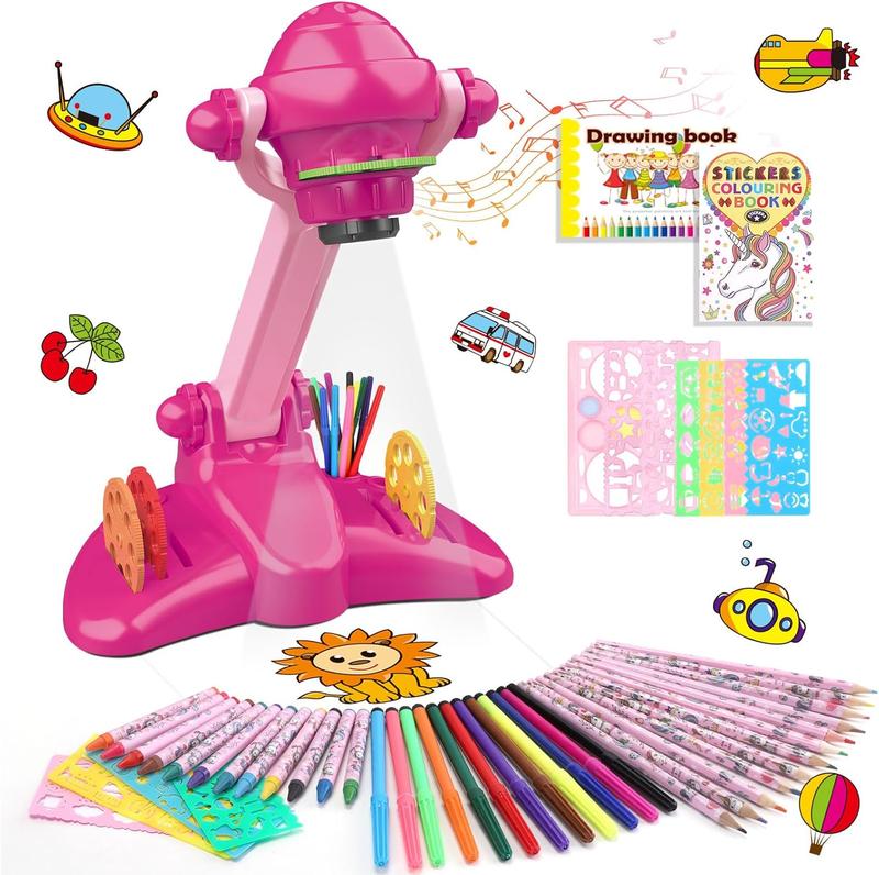 Dinasour Drawing Projector, Arts and Crafts for Boys, Contains Drawing Board with Music, Watercolor Pens, Pencils, Crayons, Scrapbook, Sticker Book, Unicorn Stickers, Stamps, Toys for Boys Age 3+