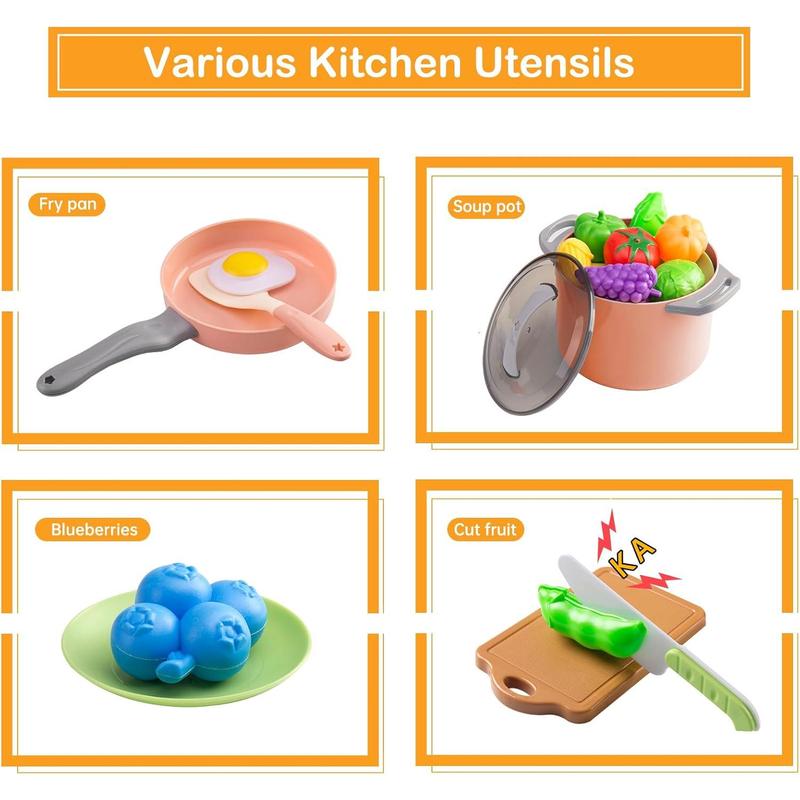 35 Pieces Kids Kitchen Toy Accessories, Kids Pretend Cooking Play Set with Toy Pots and Pans, Tableware Cookware Toys, Toy Food Set, Toy Vegetables, Learning Gift for Boys and Girls