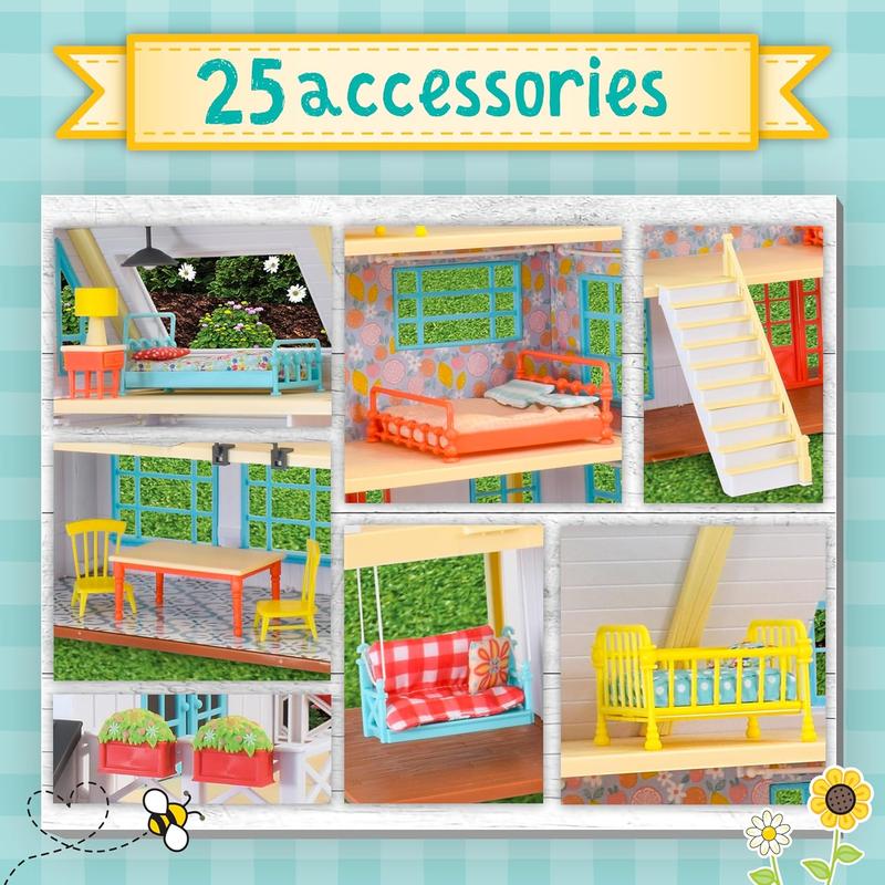 Honey Bee Acres Buzzby Farmhouse, Dollhouse Playset with Miniature Doll Figure, Furniture and Accessories. 25 Pieces, Ages 3+