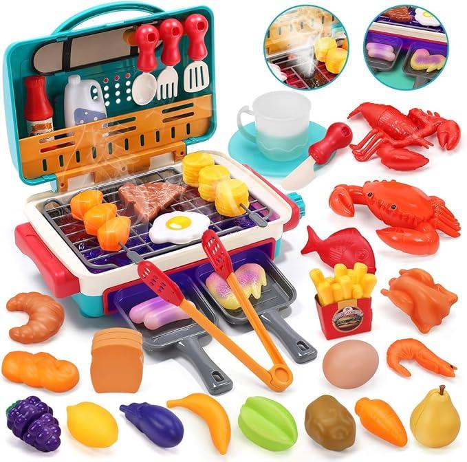 Kids Toys Kitchen Playset, Kids BBQ Grill Playset with Smoke, Sound & Light, Toy Grill for Kids, Pretend Play Food Hamburger, Interactive Toys Barbecue Cooking Game for Toddlers Boys Girls 3-5