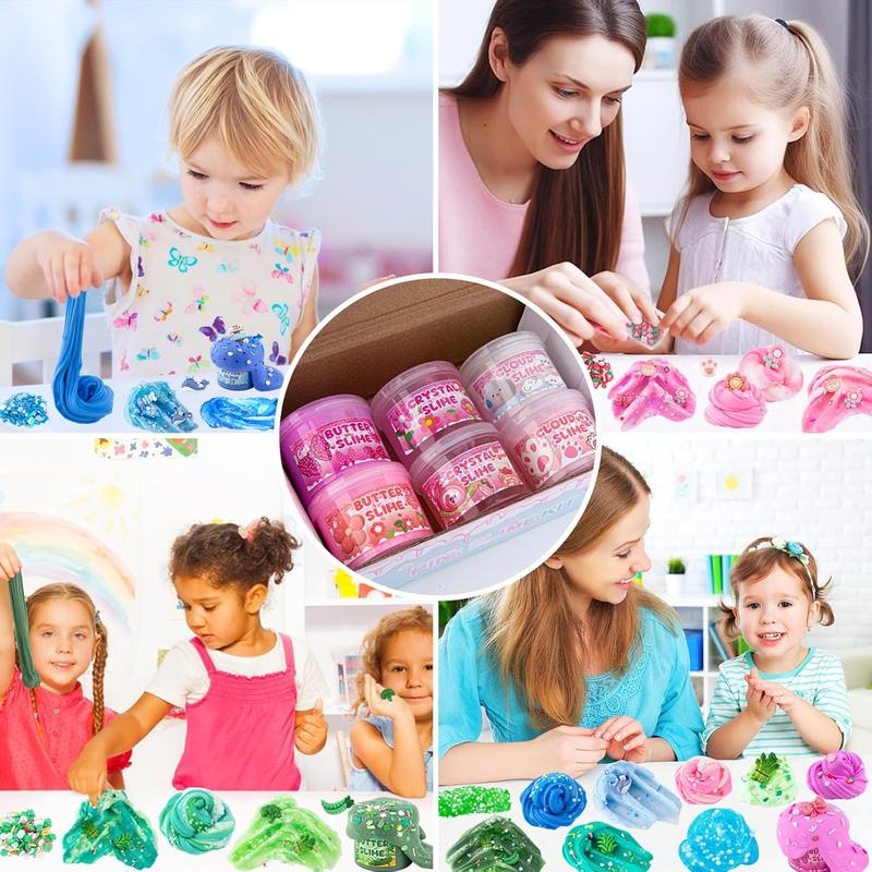 6 Packs Gradient Pink Slime Kit - Cloud Slime, Butter Slime & Clear Slime, Crunchy Slime for Kids with Various Slime Add-ins, Non Sticky Slime Party Favors for Girls and Boys, 360ml Kids Slime(Picnic)