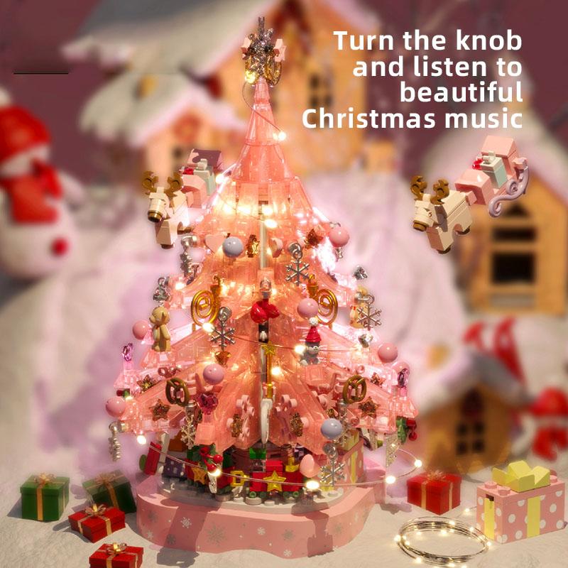 Christmas Tree Building Blocks, Christmas Music Box with LED Light Rotating Christmas Bricks Toy for Boys Girls, Pink Christmas Tree