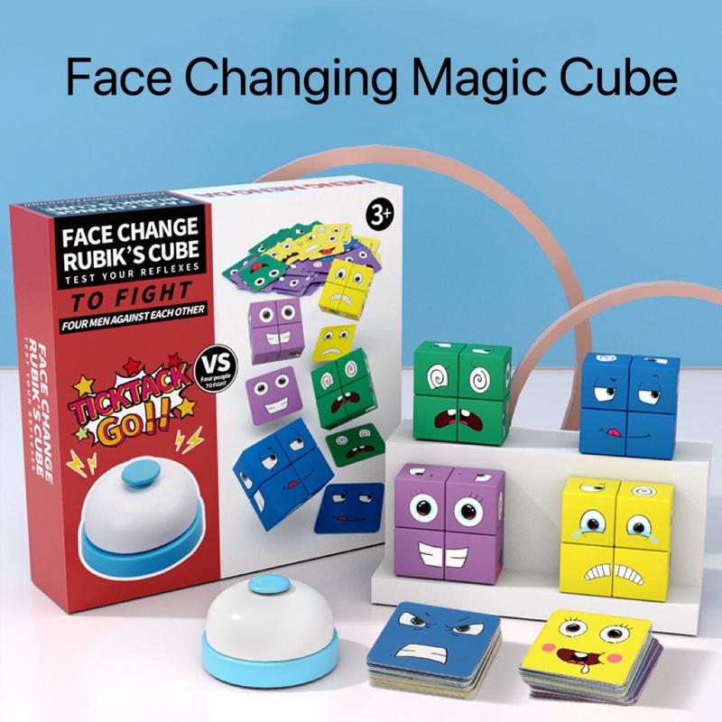 Face-Change Magic Cube，Wooden Expressions Matching Block Board Game，Face Change Building Blocks.Educational Puzzles Toy Board Games for Kids and Adults with Bell