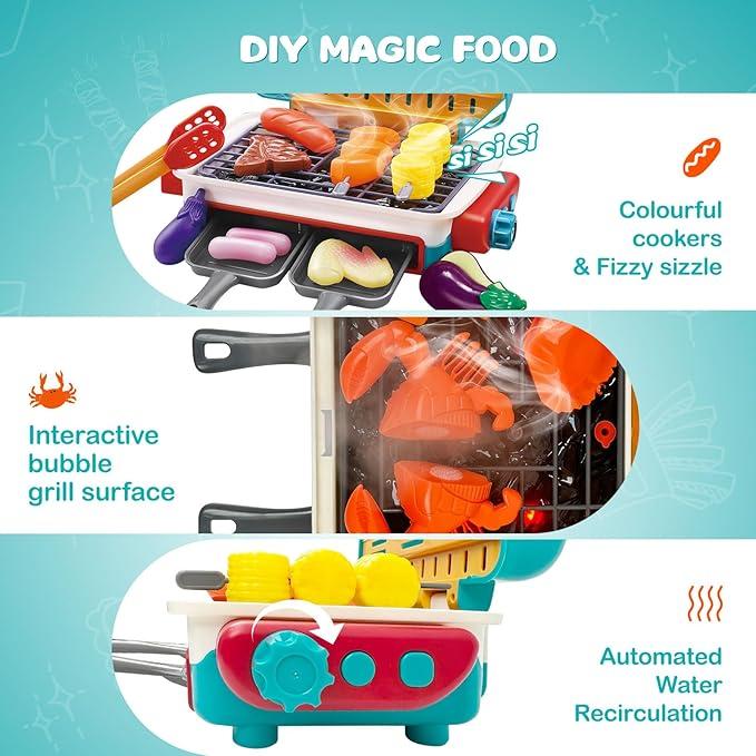 Kids Toys Kitchen Playset, Kids BBQ Grill Playset with Smoke, Sound & Light, Toy Grill for Kids, Pretend Play Food Hamburger, Interactive Toys Barbecue Cooking Game for Toddlers Boys Girls 3-5