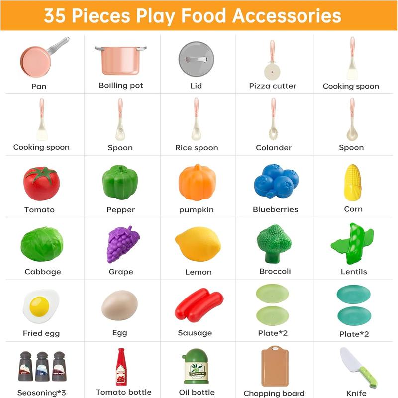 35 Pieces Kids Kitchen Toy Accessories, Kids Pretend Cooking Play Set with Toy Pots and Pans, Tableware Cookware Toys, Toy Food Set, Toy Vegetables, Learning Gift for Boys and Girls