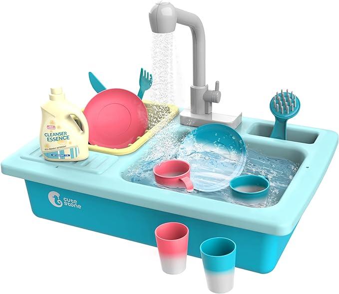 CUTE STONE Color Changing Kitchen Sink Toys, Heat Sensitive Electric Dishwasher Playing Toy with Running Water, Automatic Water Cycle System Play House Pretend Role Play Toys