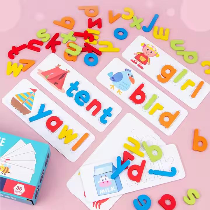 Wooden Alphabet Flash Cards, 1 Set Matching Shape Letters Word Puzzle Games, Creative Spelling Game Learning Toys