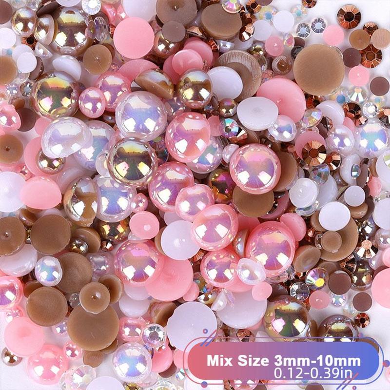 Mixed Size Flat Back Pearls & Rhinestones (1200pcs), Resin Rhinestones, Semi-circular Flat Back Pearl Rhinestones, DIY Materials For Nails, Face, Art, Crafts, Jewelry Decoration