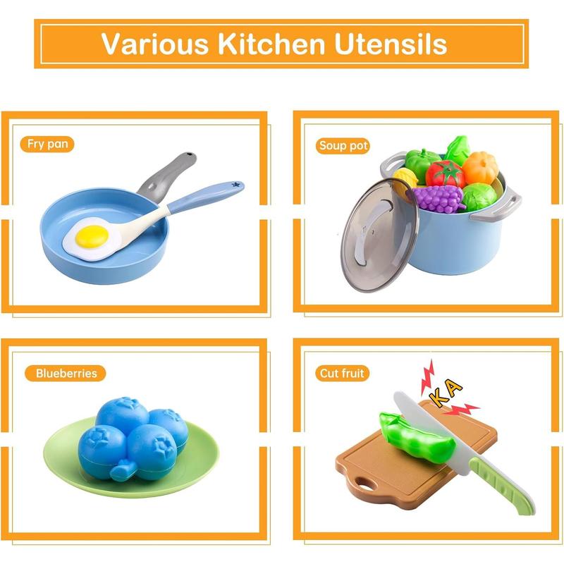 35 Pieces Kids Kitchen Toy Accessories, Kids Pretend Cooking Play Set with Toy Pots and Pans, Tableware Cookware Toys, Toy Food Set, Toy Vegetables, Learning Gift for Boys and Girls