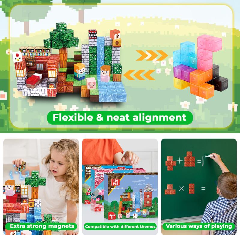 Magnetic Blocks-150PCS Magnetic Building Blocks Magnetic Tiles Stacking, Build Mine Magnet World Set, STEM Montessori Sensory Toys for Kids Boys Girls ， magnet blocks