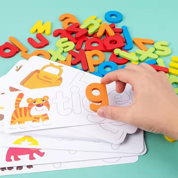 Wooden Alphabet Flash Cards, 1 Set Matching Shape Letters Word Puzzle Games, Creative Spelling Game Learning Toys