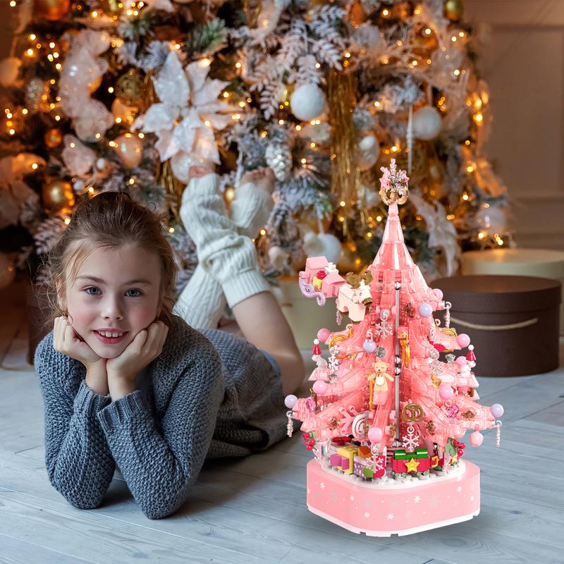 Christmas Tree Building Blocks, Christmas Music Box with LED Light Rotating Christmas Bricks Toy for Boys Girls, Pink Christmas Tree