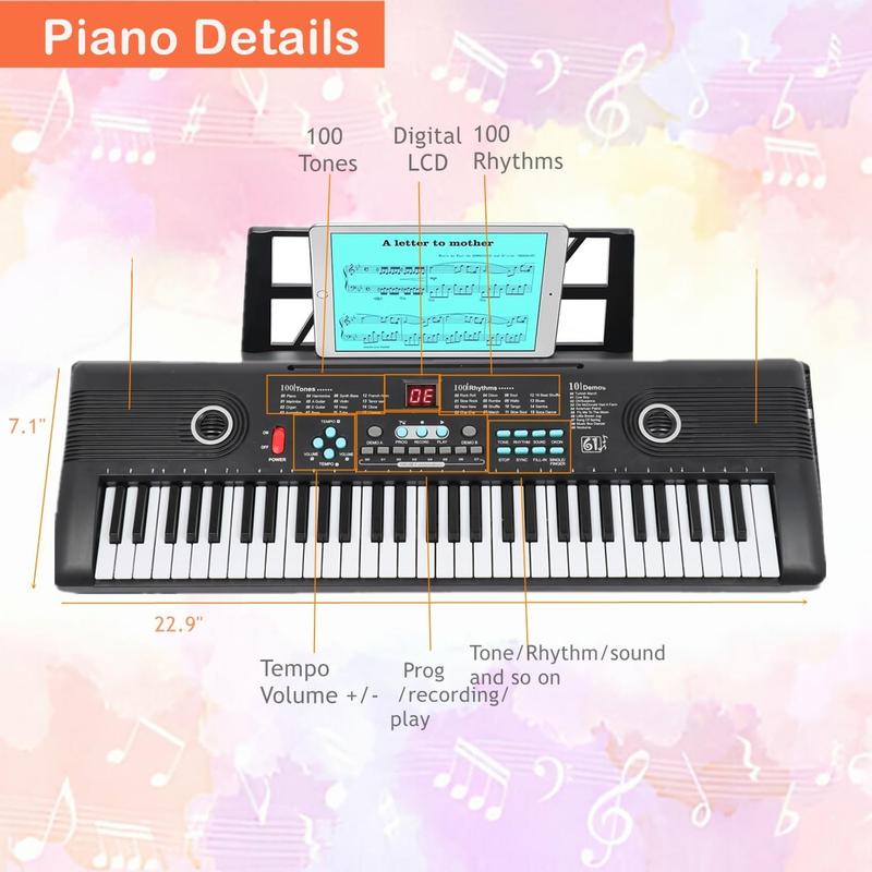 Keyboard Piano 61 Key Music Electric Piano For  Beginner W Dual Speaker Microphone Portable Digital Piano Birthday Christmas Gifts