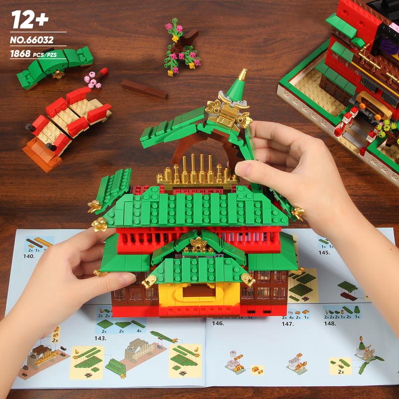 66032,1868 Pieces,5-Story Shower Architecture Building Block Set With Characters,Oil house Style,Bridge connection,BoilerRoom,BathingArea, Palace and other scenes,Collecting and Gifting Model Home Decoration,For aged 12 and above,Stress relief toy