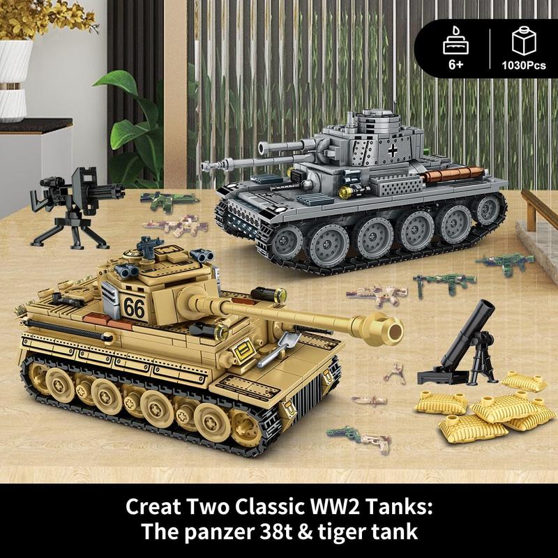 1030 Piece WW2 Army Tanks Toy Building Sets,Create a German Panzer 38T and a German Tiger Tank Toys,Adult Collectible Model Tanks Sets to Build,Great Military Gift for Boy,Kid,and Teens Age 6+