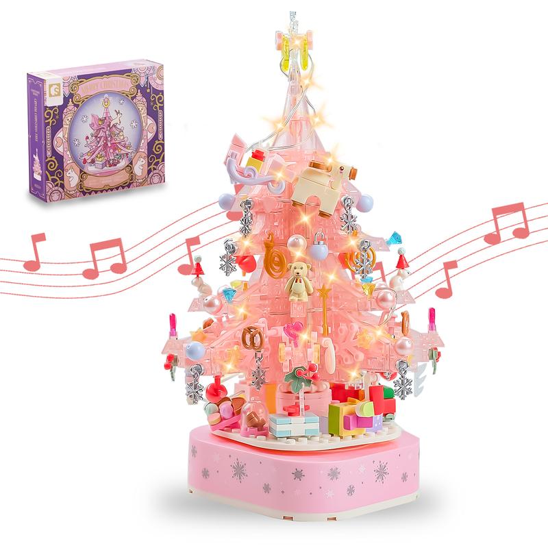 Christmas Tree Building Blocks, Christmas Music Box with LED Light Rotating Christmas Bricks Toy for Boys Girls, Pink Christmas Tree