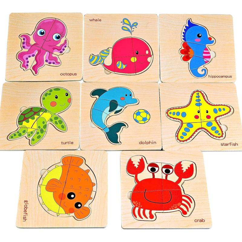 8Pcs Cute Animal Pattern Wooden Toys for Kid, Wooden Puzzles Sea Animal Puzzle for Kids, Montessori Toys to Improve Color Awareness for Girl Boy