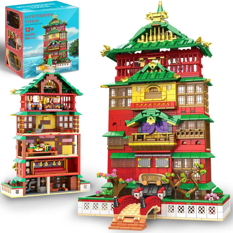 66032,1868 Pieces,5-Story Shower Architecture Building Block Set With Characters,Oil house Style,Bridge connection,BoilerRoom,BathingArea, Palace and other scenes,Collecting and Gifting Model Home Decoration,For aged 12 and above,Stress relief toy