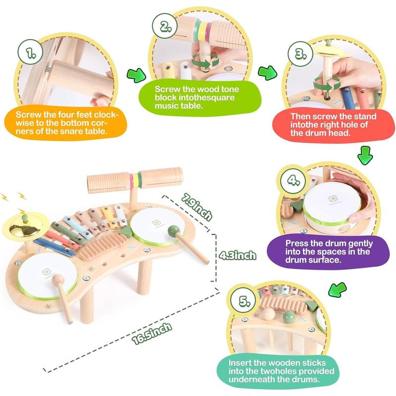 7 in 1 Kids Drum Set for Toddlers Wooden Xylophone Musical Instruments Kit Play Set for Toddler Baby Drum Set Montessori Toys Sensory Toys Birthday Gifts for Girls Boys