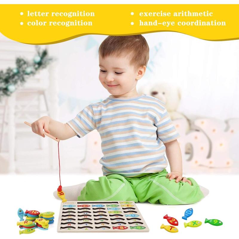 Magnetic Wooden Fishing Game Toy for Toddlers, Alphabet Fish Catching Counting Games Puzzle with Numbers and Letters, Preschool Learning ABC Math Educational Toys 3 4 5 Years Old Girl Boy Kids