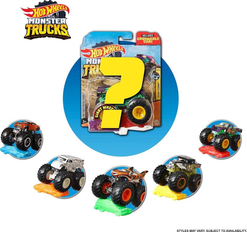 Hot Wheels Monster Trucks, 1 Toy Truck in 1:64 Scale & 1 Crushable Car, Vehicle Play for Kids & Collectors (Styles May Vary)