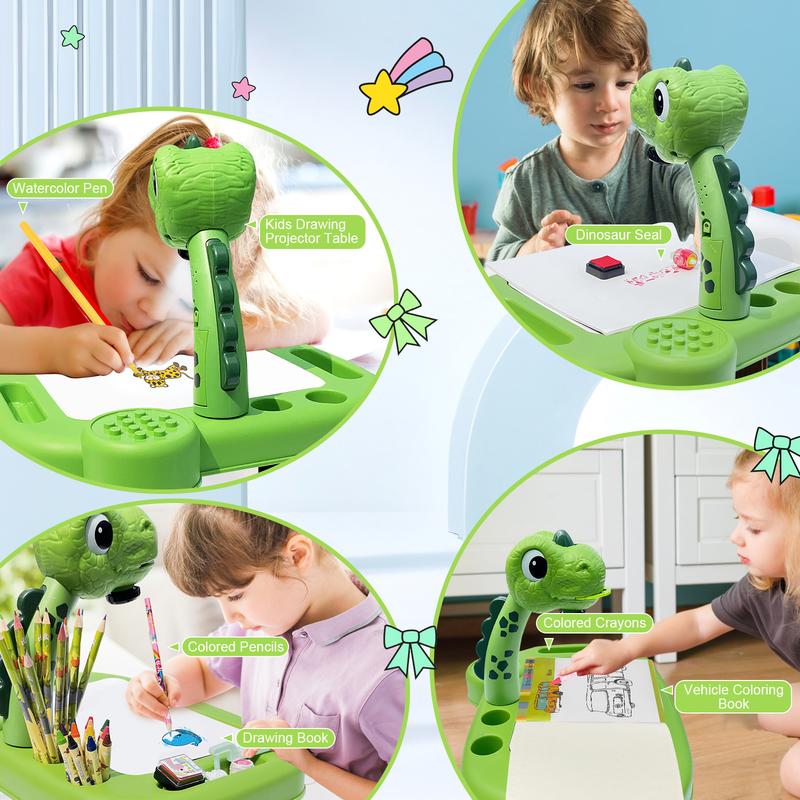 Dinasour Drawing Projector, Arts and Crafts for Boys, Contains Drawing Board with Music, Watercolor Pens, Pencils, Crayons, Scrapbook, Sticker Book, Unicorn Stickers, Stamps, Toys for Boys Age 3+